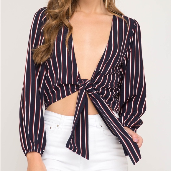 Navy Pin-Striped Long Sleeve Tied Crop Top - Picture 2 of 8